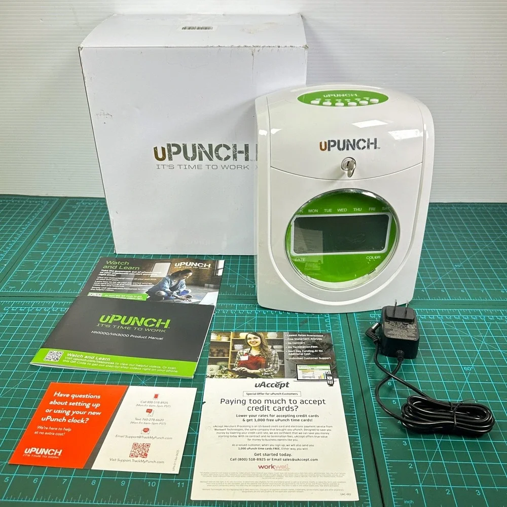 uPunch HN3000 Electronic Calculating Time Clock White Green with Key and Power